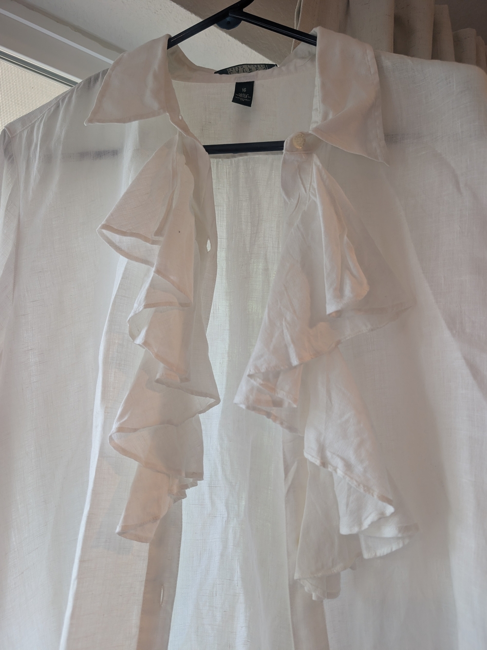White Ruffle Front Linen Shirt - Picture 2 of 9